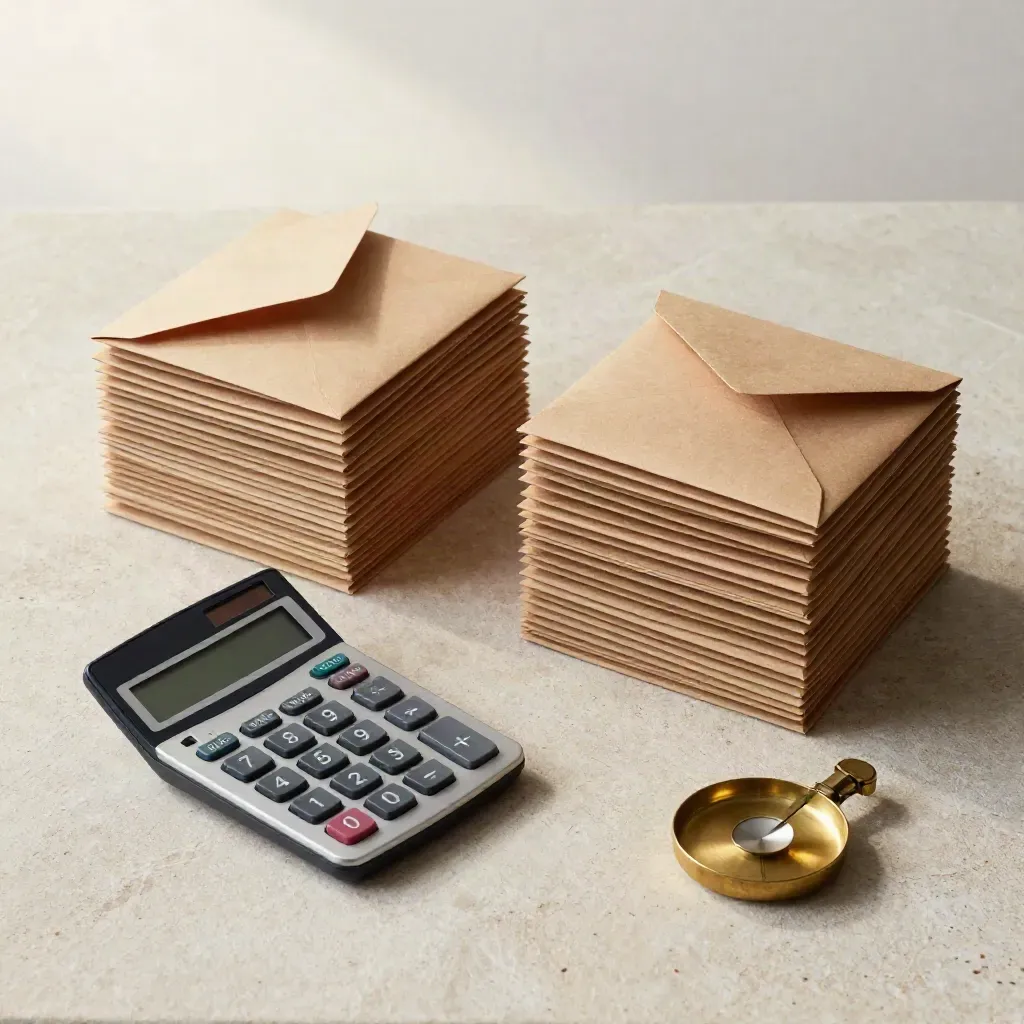 Top-down still life of envelopes, calculator and brass scale on pale stone.