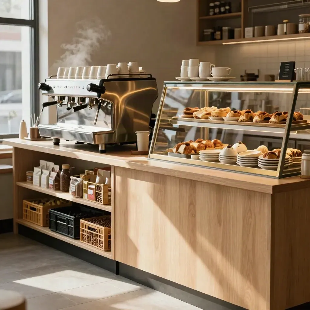 Warm Toronto cafe counter with espresso machine, pastry case, cups and storage crates in morning light.