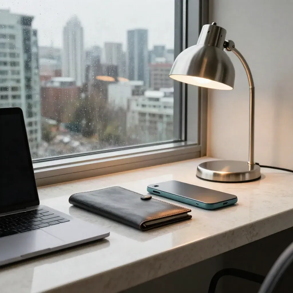 Closed laptop, investor folio, prototype device and lamp on a moody Vancouver office ledge.